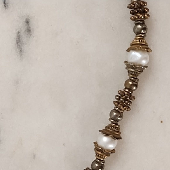 Vintage Antique Gold, Brass & Pearl Beaded Necklace With Toggle Clasp - Picture 5 of 9